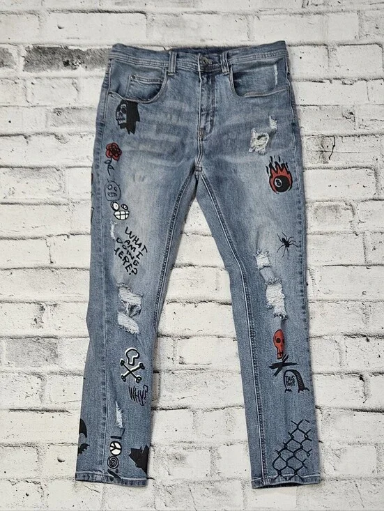 Lure Graffiti Distressed Skinny Jeans Men’s 32 Streetwear Denim