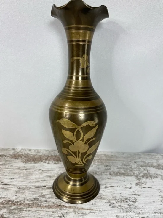 Vintage Brass Vase Etched Floral Made in India Patina Distressed 8”