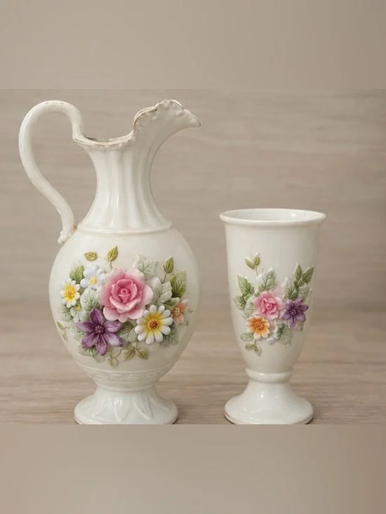 Vintage Lefton China Bud Vase & Mini Pitcher Set / Hand Painted porcelain