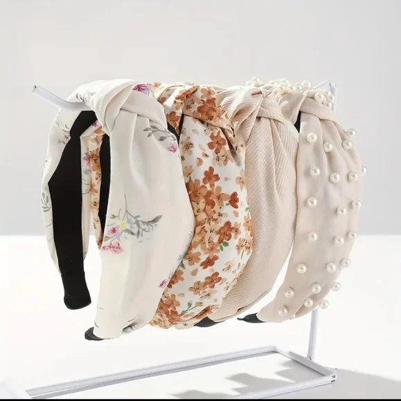 4pc Headband Set Solid Floral and Pearl Embellished, Neutral Colors