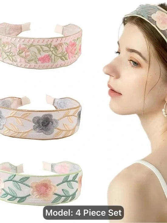 4PCS Floral Embroidered Padded Headband-summer super fairy high Top Country