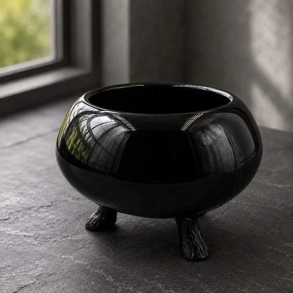 Vintage Black Glass Three Leg Footed Bowl Planter Centerpiece Mid Century Decor