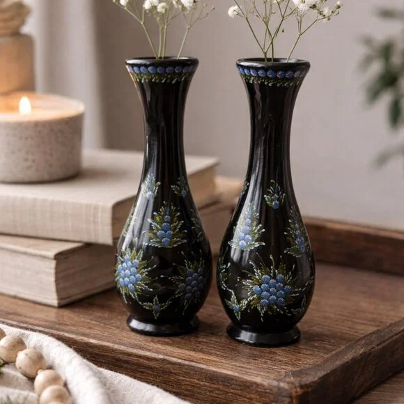 Vintage Japanese Black Lacquer Bud Vases Set of 2 Hand Painted Blue Floral
