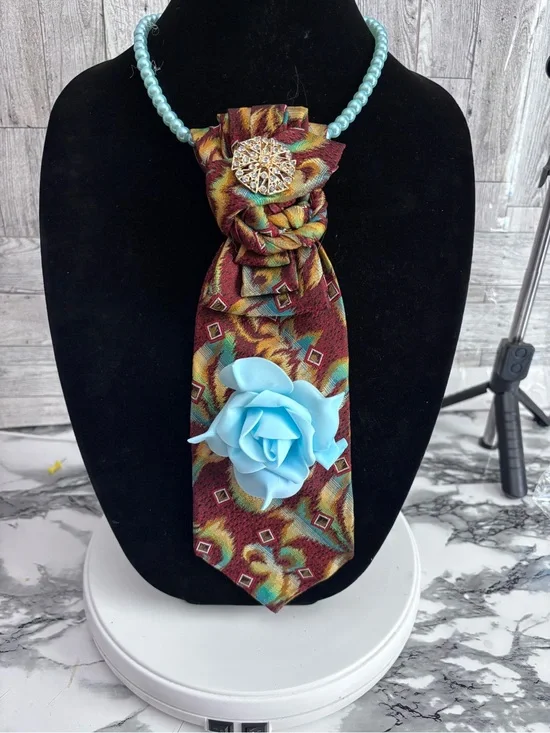 Handmade Multicolor Floral Tie Necklace with Light Blue Rose