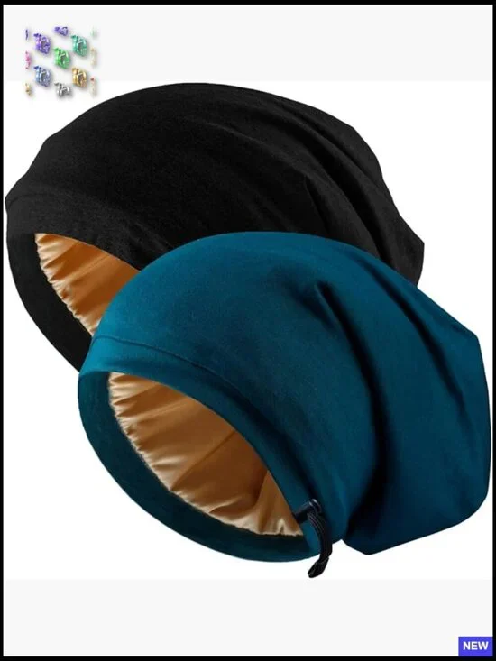 Adjustable Silk Hair Bonnet Sleep Cap Satin Lined Wrap Slouch Beanie Women Men