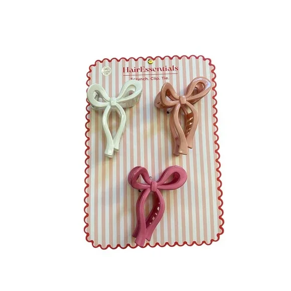 Hair Essentials Bow Claw Clip Set Womens OS Pink Cream NEW 3-Pack Hair Accessory