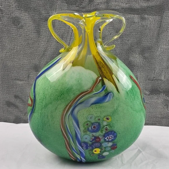 Murano Style Art Glass Vase Millefiori Yellow Green Double Handle Vase 11