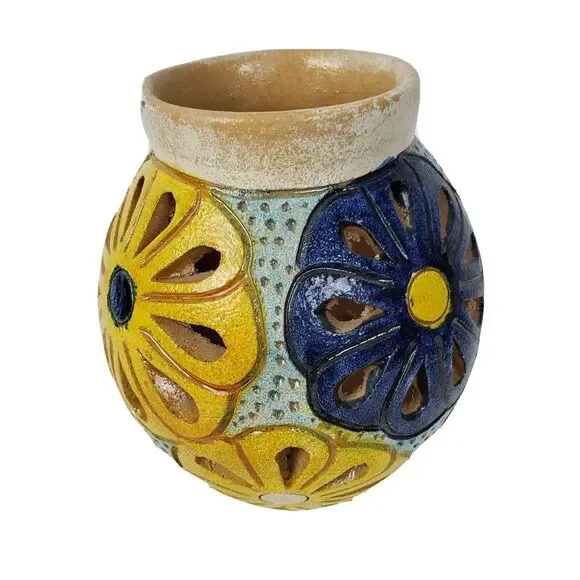 Hand Painted Art Pottery Vase Yellow Cut Out Floral Design‎ 6