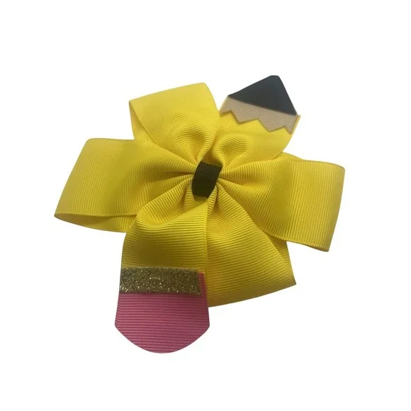 Handmade‎ Pencil Hair Bow Yellow School Crayon Ribbon Bow 7