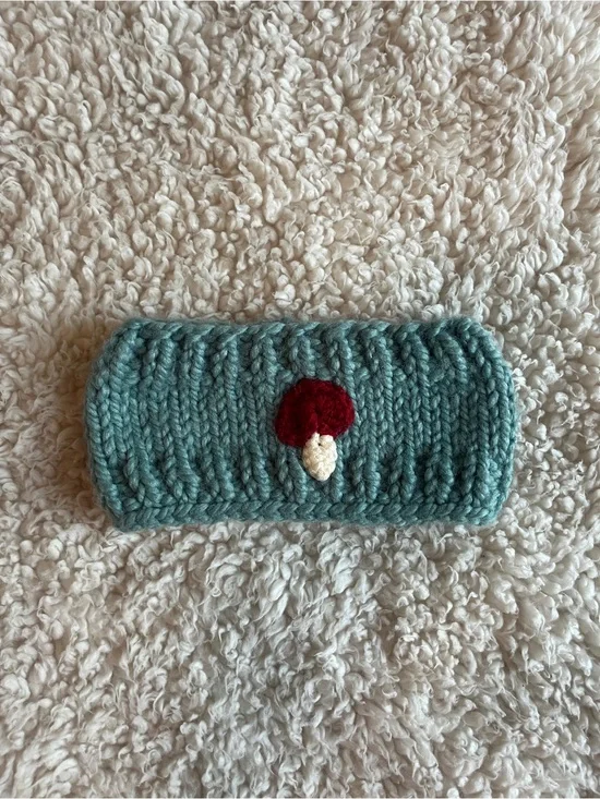 Handknit Teal Ear Warmer with Red Mushroom Appliqué