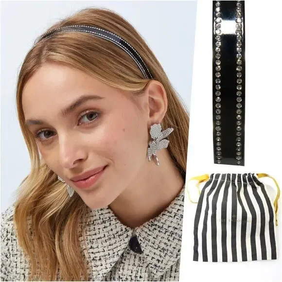 RARE Lele Sadoughi Timeless Chic Black Acetate Crystal Slim Headband Gold Logo