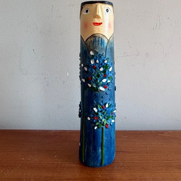 Vintage Folk Art Hand Painted Face Bud Vase Whimsical Blue Floral Pottery 7.25in
