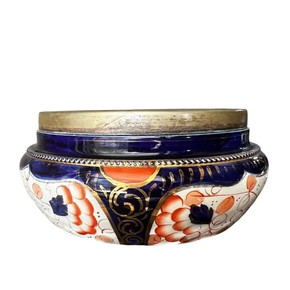 Antique A. Wood & Co Jardinière Bowl‎ Cobalt Floral Gold Brass Rim Crown Mark