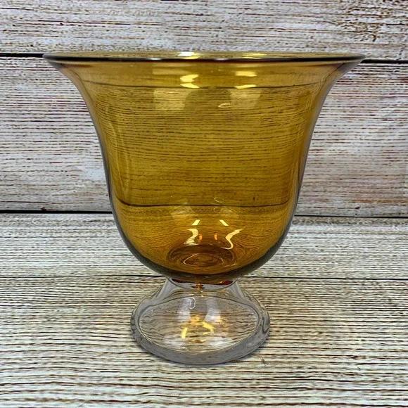 Amber‎ Gold Glass Vase * Candle Holder Footed Pedestal Trumpet Shaped Home Decor