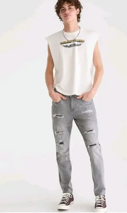 Aeropastle Men's Grey Distressed Skinny Stretch Denim Jeans Size 28 X 30