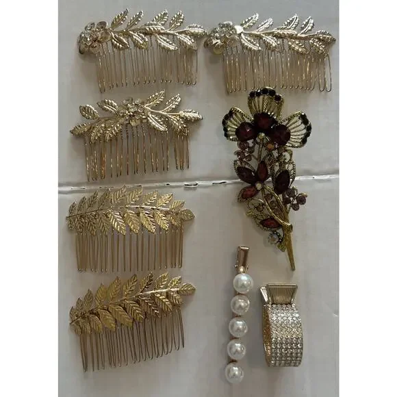 Lot of 8 Gold Tone Faux Pear‎ Rhinestones Assorted Hair Clips EUC