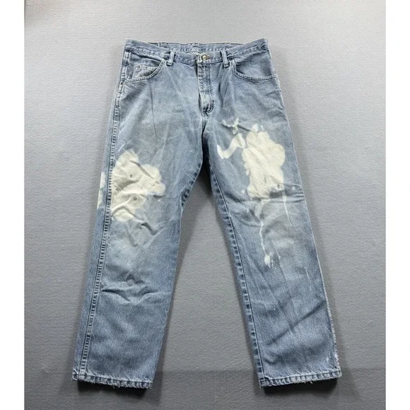 Wrangler Jeans Mens 36x29 (Fit 34x28)Light Wash Blue Straight Bleach Stain Denim