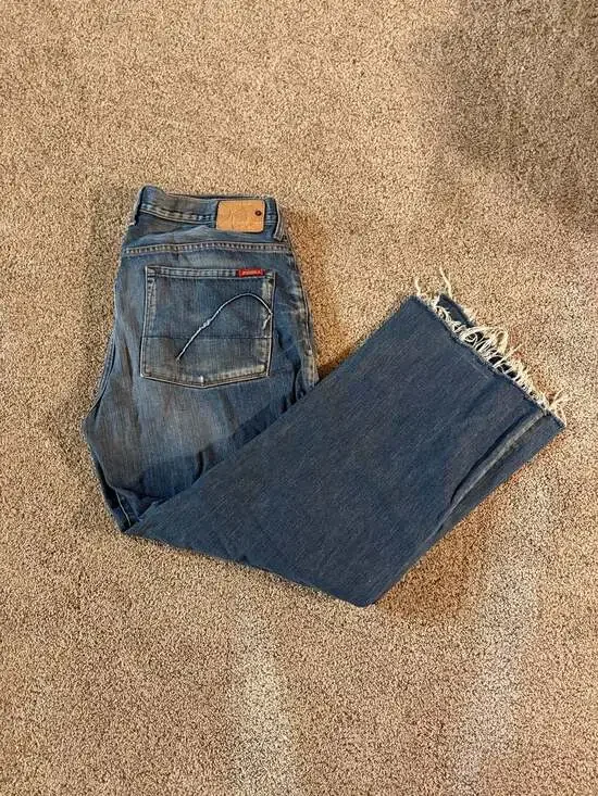 Vintage Y2K Style Men's Blue Denim Jeans Raw Hem Relaxed Fit Size 36x32⁠