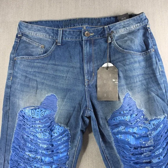 Rutherford Distressed Jeans Men 38 Blue Paisley Bandana Patch Streetwear Denim