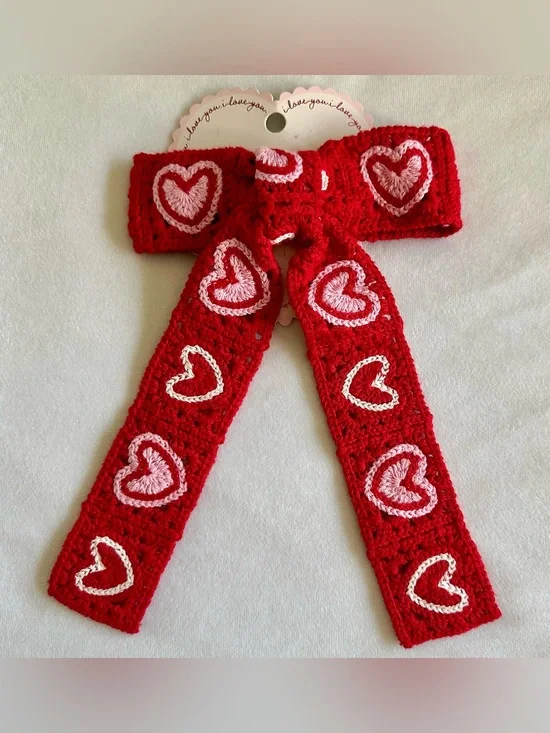 cute red crochet hearts large bow barrette / metal clasp