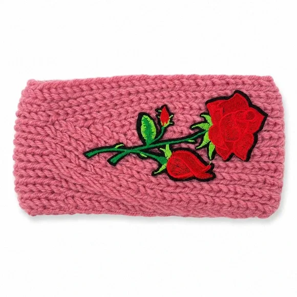 Pink Chunky Knit Headband Red Rose Embroidered Ear Warmer NEW
