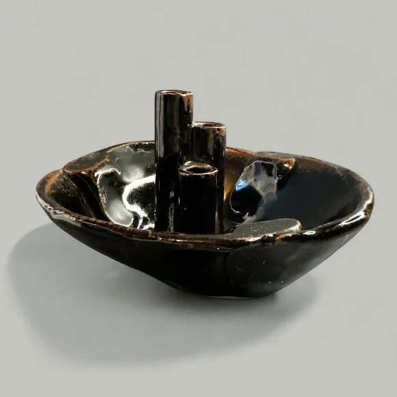 Vintage signed glazed brown ceramic flower frog