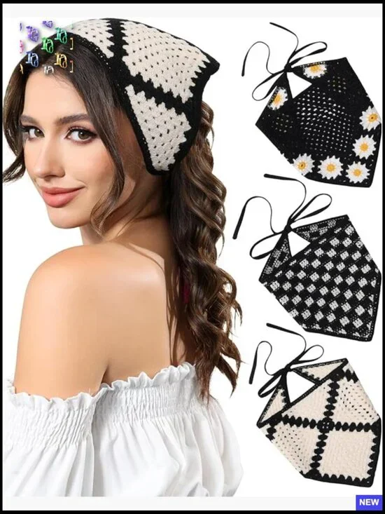 Crochet Head Scarf Bandana Boho Floral Knit Tie-Back Headband Hair Accessory