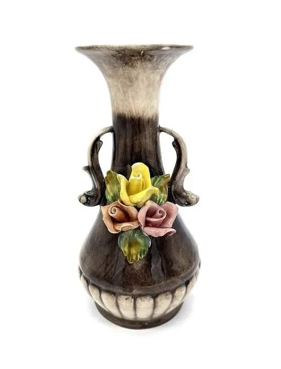 Vintage Capodimonte Pink & Yellow Rose Flower Vase Centerpiece 8.25” Italy