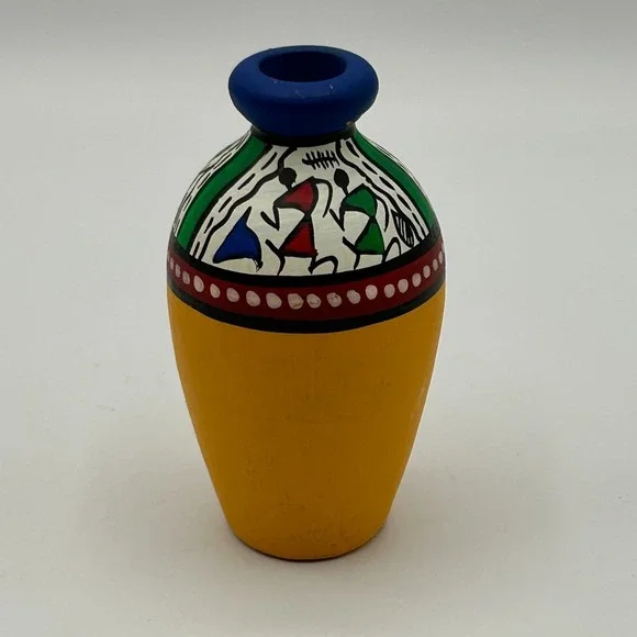 Terracotta Hand Painted Flat Warli Miniature Bud Vase Colorful Indian Tribal Art