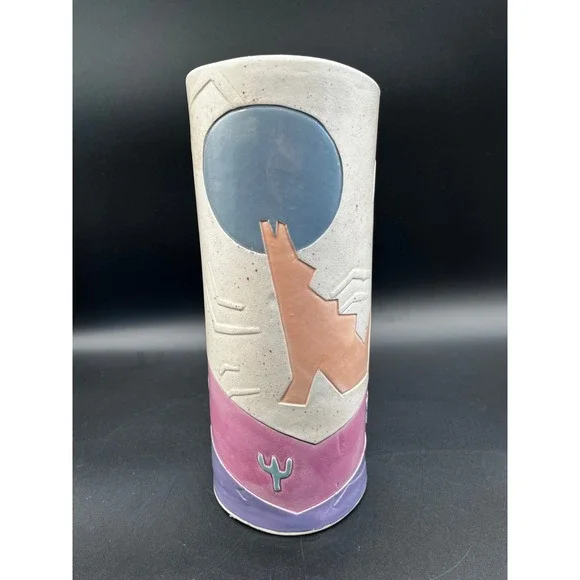 1990 Southwestern Studio Pottery Coyote Moon Vase Signed 10.25