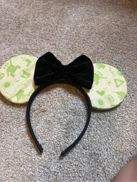 Black Velvet Bow Mouse Ear Headband with Lime Green Patterned Ears