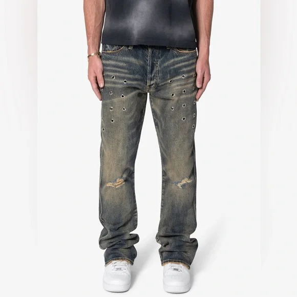 mnml Metal Eyelet Grommet Yellow Washed Distressed Denim Flare Jeans