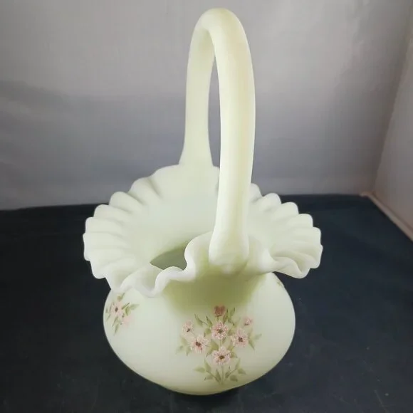 Fenton Custard Handled Basket With Floral Handpainted Design Signed
