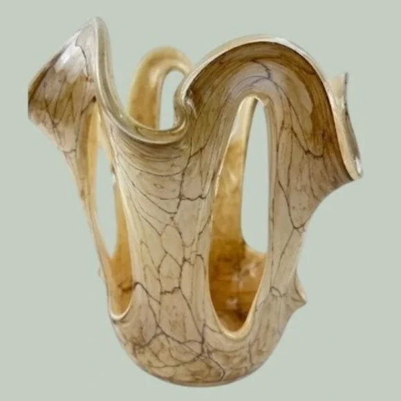Vintage Jozefina Krosno Style Hand Blown Amber Veined Freeform Art Glass Vase