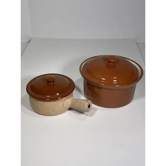 2 Set Cooking Pots - 1 Vallauris French Pottery Rustic Clay Pot + 1‎ Casserole