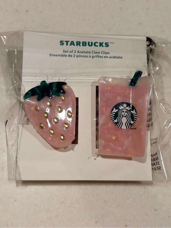Starbucks Pink Strawberry & Cup Acetate Hair Claw Clips - Set of 2