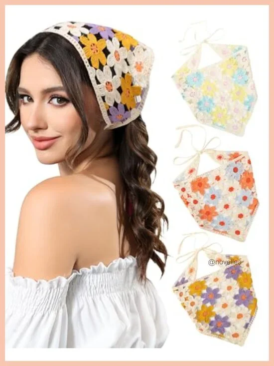 Crochet Head Scarf Bandanas Knit Headband Scarf Tie-Back Floral Headscarf