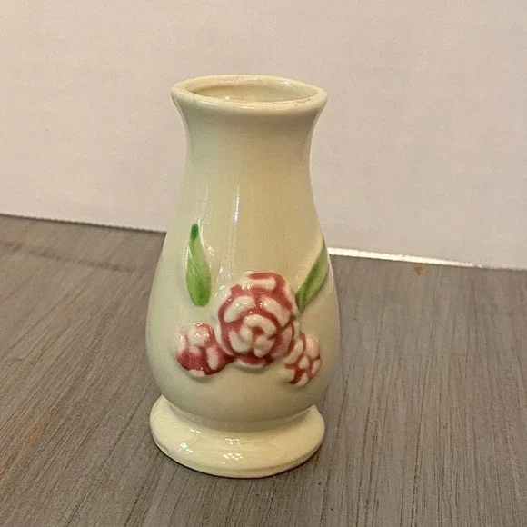 Vintage Miniature USA Pottery Ceramic Bud Vase Raised Pink Roses Floral Cream