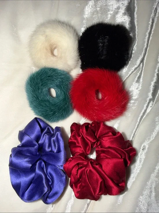 Zizi Donohoe Mink Fur and Genuine Silk Hair Scrunchie Collection Bundle