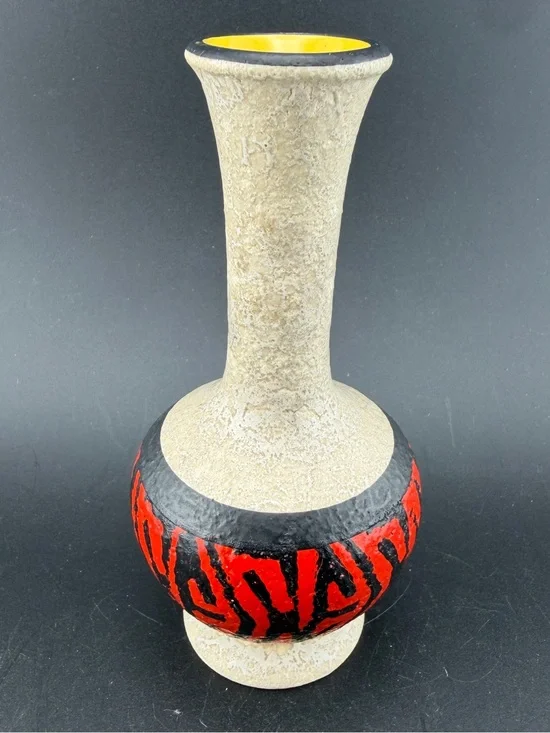 Vintage West German Pottery Fat Lava Vase MCM Red Black Dumler Breiden Style 5”