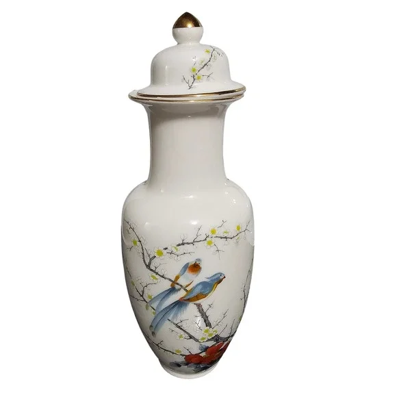 Jay Fine China Japan Porcelain Ginger Jar Lidded Urn Bird Cherry Blossom 13.5