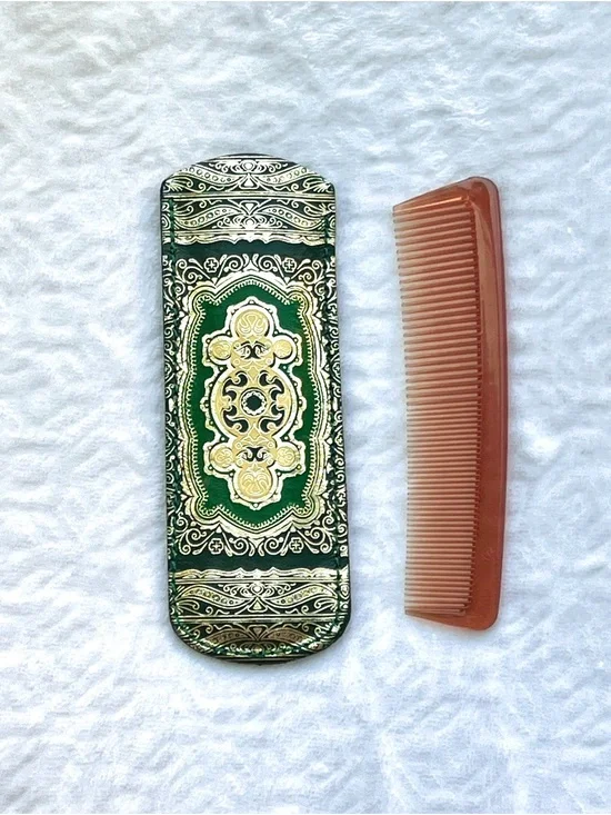 VTG Italian Florentine Leather Pocket Comb Case Gold Gilt Green Tooled