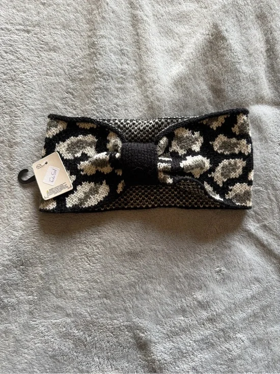 NWT Leopard Print Knit Bow Winter Headband Ear Warmer Black Gray One Size