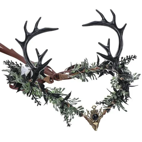 Light Up Elf Crown Black Antler Headpiece Gothic Flower Tiara for Cosplay