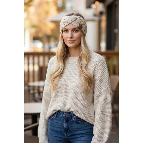 C.C. Exclusives Headband Womens Beige Braided Chunky Knit Gold Studs lot of 12