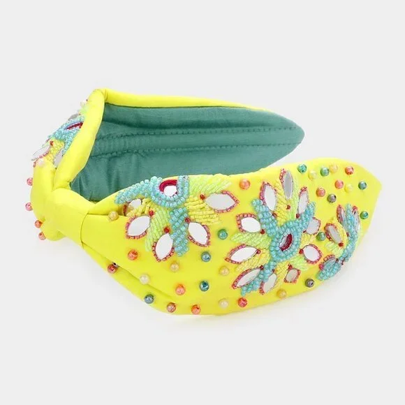 52. Yellow Beaded Mirror Flower Knot Headband