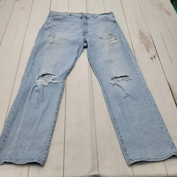 Levis 501 93 straight leg jeans button fly stretch distressed ripped 36x30