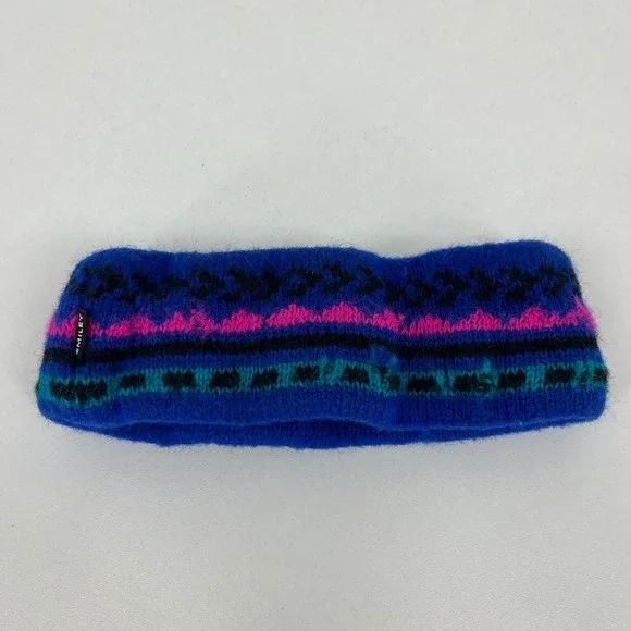 Smiley Womens Blue Wool Knit Fair Isle Winter Headband Ear Warmer Made in USA