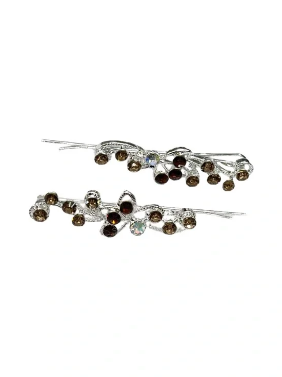 Silver Floral Brown Crystal Hair Pins - Women Accessories FINAL PRICE DROP