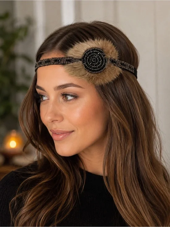 Beaded Black Headband with Brown Fur Rosette